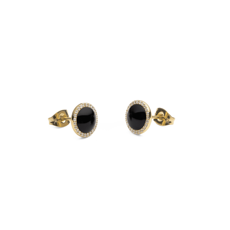 Audrey Earrings Black Agathe Gold shown from a side angle, highlighting the domed black agate centre, gold-plated setting, and sparkling cubic zirconia halo with secure stud backings.