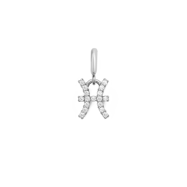 Pisces zodiac watch charm in polished silver, featuring sparkling cubic zirconia crystals and a stainless steel clasp, designed for Daniel Wellington watches or bracelets.