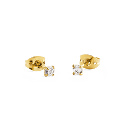 Mirelle Solitaire Stud Earring Gold pair shown from the side and back, highlighting the four-prong gold setting, butterfly backs, and sparkling cubic zirconia crystals.