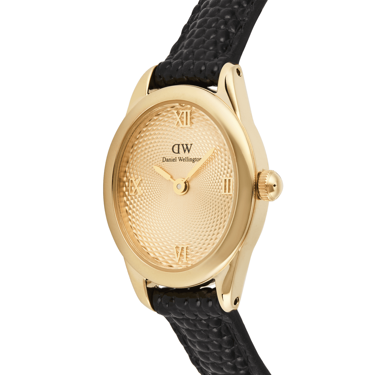 Close-up of the Daniel Wellington Ophelia Mini Black Lizard Unitone Guilloché Gold watch, highlighting the gold oval case, textured guilloché dial with Roman numerals, and black lizard-embossed leather strap.