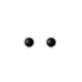 A pair of Audrey Earrings Black Agathe Silver featuring round black agate stones at the centre, surrounded by a halo of sparkling white cubic zirconia, set in polished silver with a minimalist stud design.