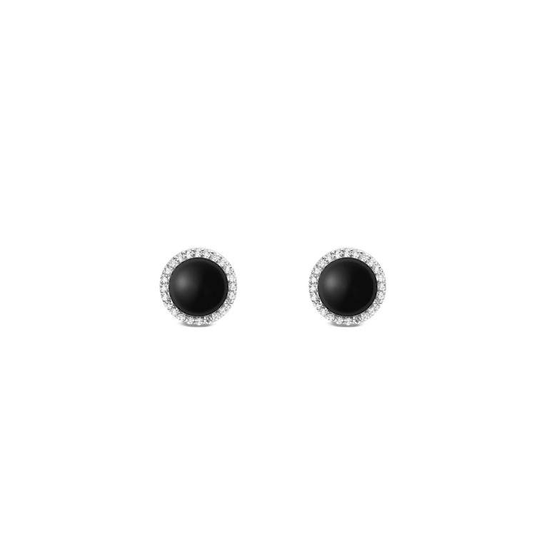 A pair of Audrey Earrings Black Agathe Silver featuring round black agate stones at the centre, surrounded by a halo of sparkling white cubic zirconia, set in polished silver with a minimalist stud design.