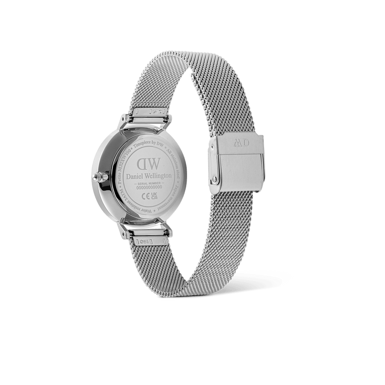Back view of the Petite Lune Sterling ladies watch, showing the engraved stainless steel case, adjustable silver mesh strap, and secure clasp for a comfortable and refined fit.