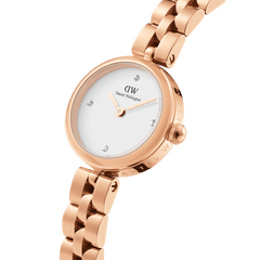 Close-up of the Elan Lumine Rose Gold ladies watch featuring a rose gold three-link bracelet, minimalist white dial, and crystal hour markers, highlighting its refined and modern design.