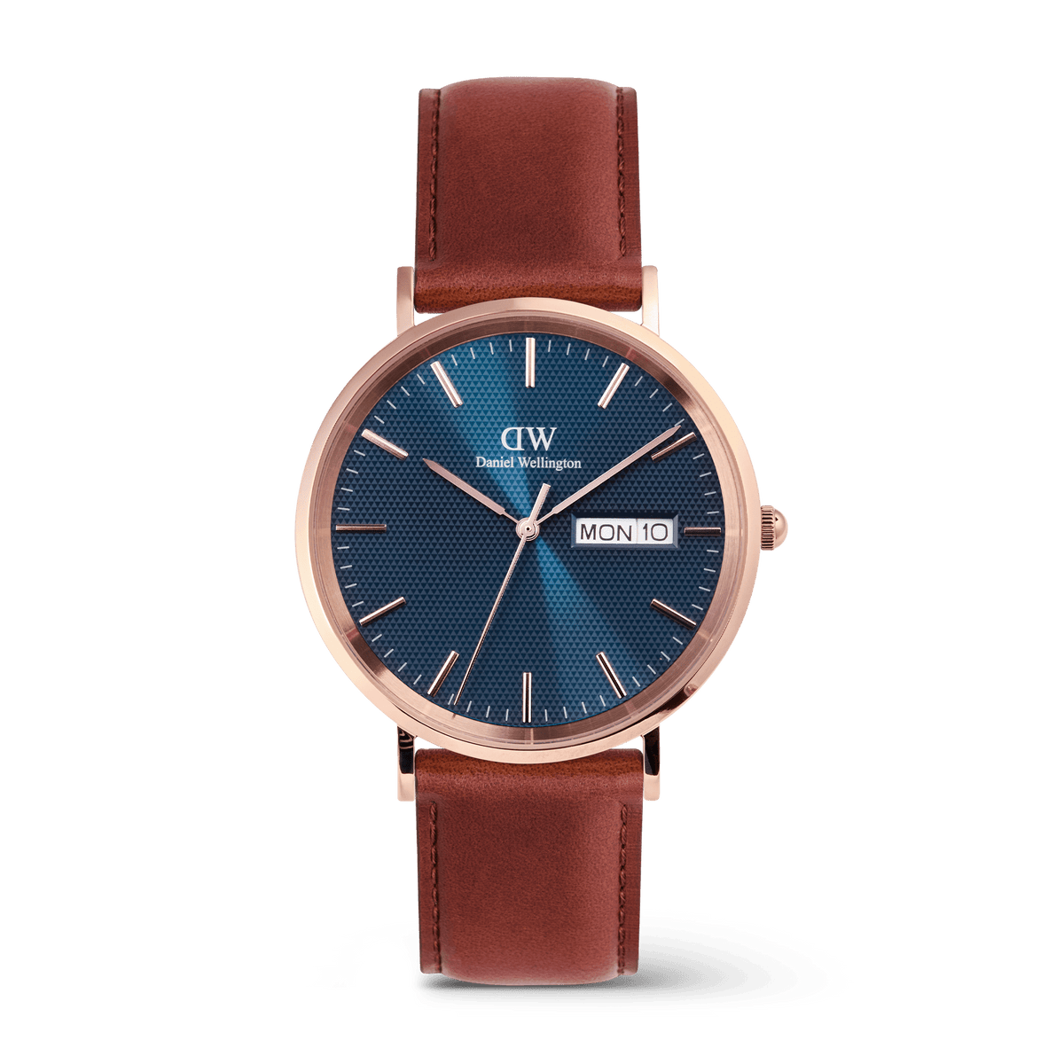 Classic men's watch with a blue textured dial, rose gold stainless steel case, and brown leather strap, featuring a day and date display for everyday practicality.
