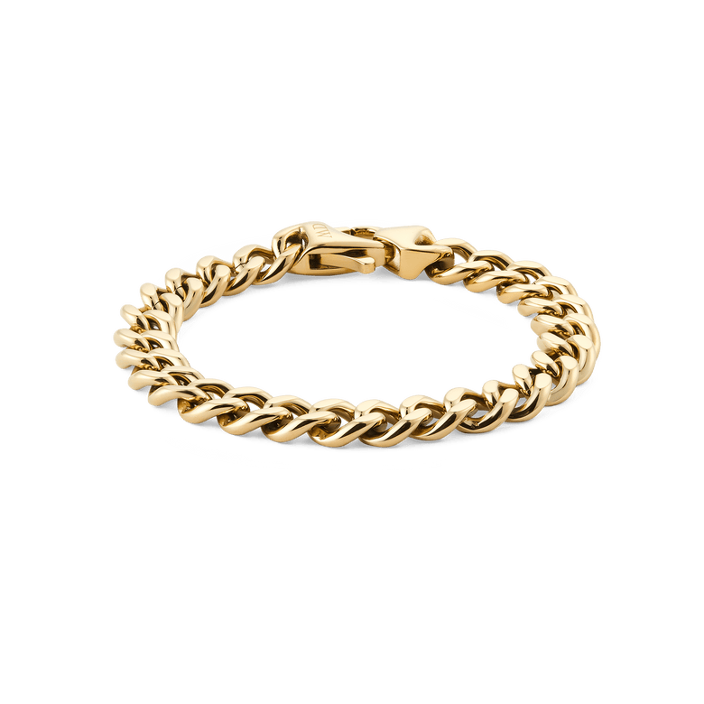 Chunky gold Cuban chain bracelet with polished links and a secure lobster clasp, featuring a bold, classic design suitable for men’s everyday or formal wear.