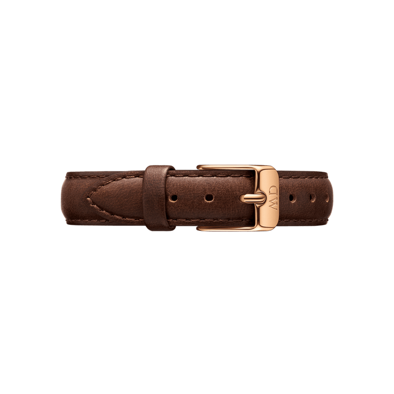 Bristol Strap Rose Gold in brown genuine leather with detailed stitching and a rose gold buckle, shown in a smaller size suitable for petite watch cases.