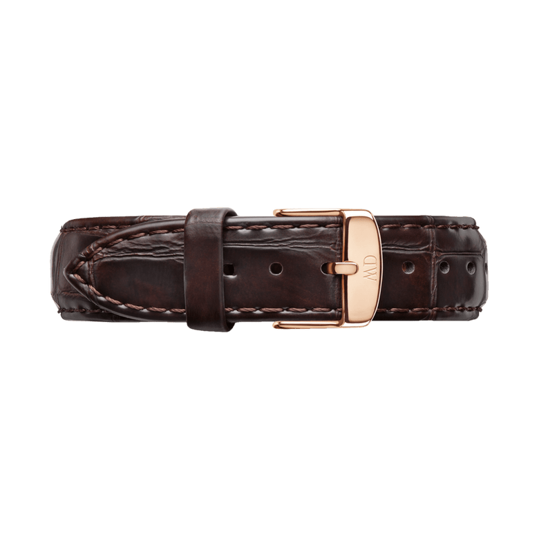 York Strap Rose Gold features a rich brown croc embossed genuine leather strap with a polished rose gold buckle, detailed stitching, and multiple adjustment holes for a secure, comfortable fit.