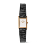 A petite ladies watch with a rectangular rose gold case, minimalist white dial, and a textured black lizard grain leather strap, designed by Daniel Wellington for a refined and modern look.