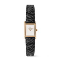A petite ladies watch with a rectangular rose gold case, minimalist white dial, and a textured black lizard grain leather strap, designed by Daniel Wellington for a refined and modern look.