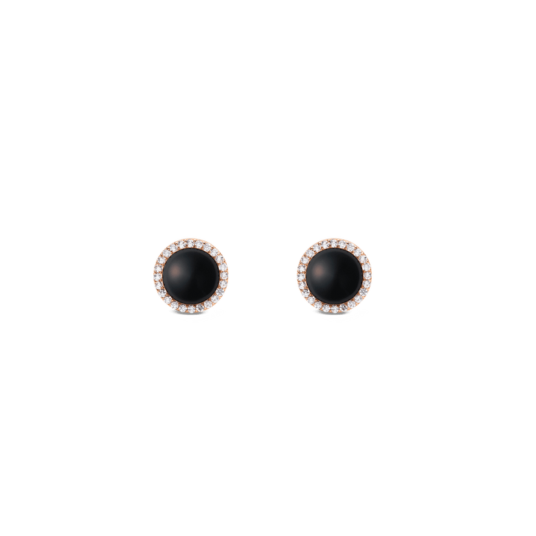 Audrey Earrings Black Agathe Rose Gold feature round black agate stones set in rose gold, each surrounded by a halo of sparkling white cubic zirconia for a refined, modern look.
