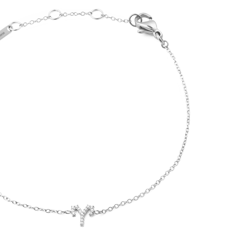 Close-up of the Crystal Zodiac Chain Bracelet Silver featuring a fine adjustable chain and an Aries zodiac charm adorned with sparkling crystals.