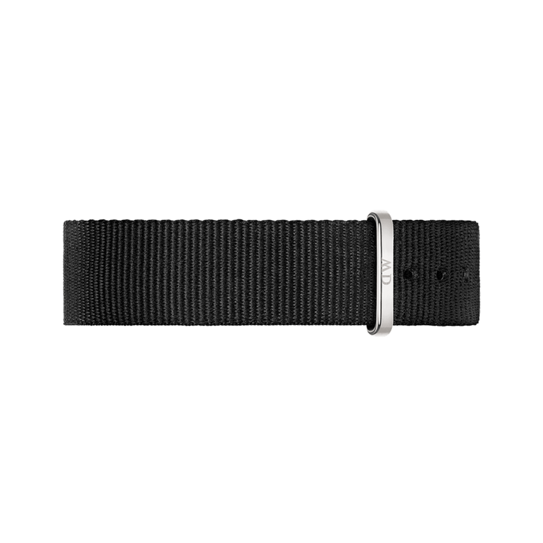 Cornwall Strap Silver displays a durable black polyester NATO style watch strap with a slim silver buckle and multiple adjustment holes for a secure, comfortable fit.