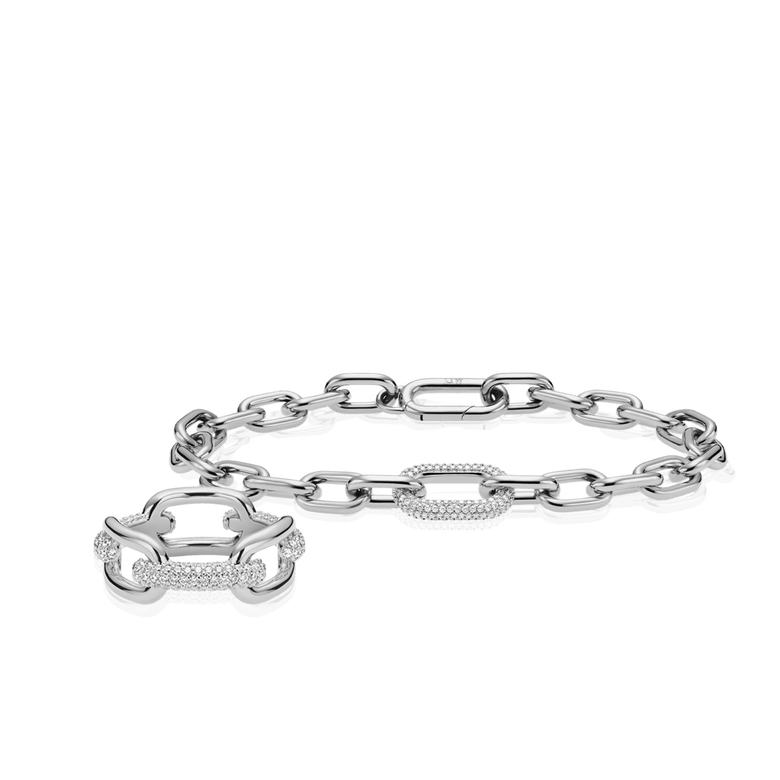 Crystal Link Bracelet & Ring Silver Set featuring chunky silver chain links and pavé crystal-encrusted accents, displayed against a plain background to highlight the sculptural design and sparkling details.