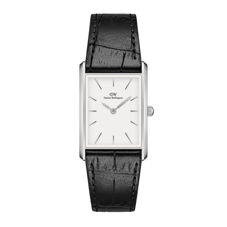 Rectangular Daniel Wellington Bound Black Crocodile Silver watch with a white minimalist dial, silver case, and black crocodile-embossed leather strap, suitable for both formal and casual wear.