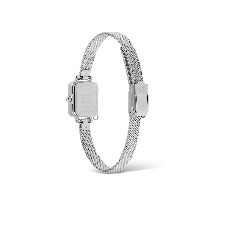Rear view of the Quadro Mini Crystal Zodiac Sterling Set showing the polished stainless steel case back and adjustable silver mesh strap with a secure clasp.