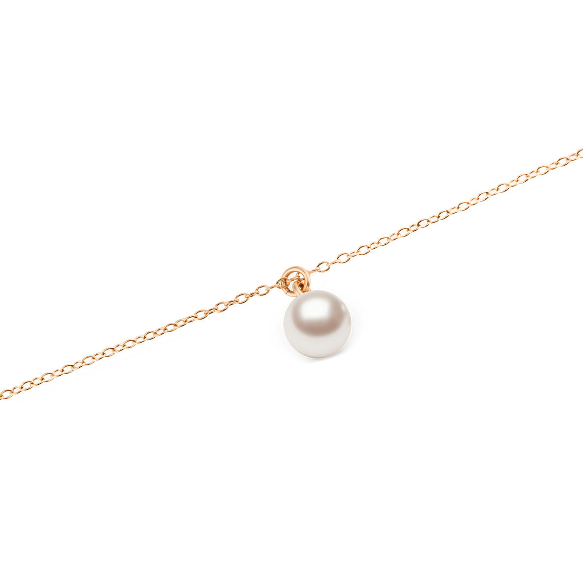 Close-up of the Pearl Necklace Rose Gold, showcasing its single Swarovski glass pearl pendant suspended from a fine rose gold chain with a polished, minimal design.