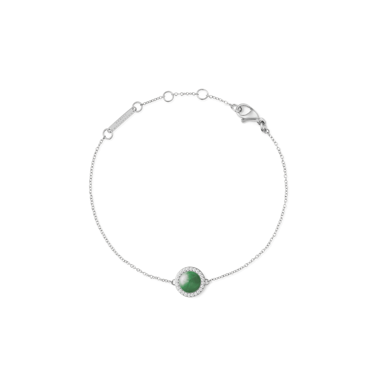 Slim silver bracelet with an adjustable chain, featuring a round green jade centrepiece surrounded by a halo of white cubic zirconia, and finished with a secure lobster clasp.