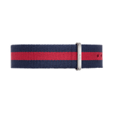 Oxford Strap Silver features a navy blue and red striped NATO style watch strap in durable polyester, finished with a polished silver buckle and adjustable holes for a tailored fit.