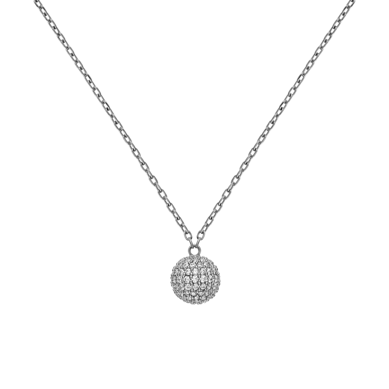 Silver Pavé Crystal Pendant Necklace featuring a spherical pavé pendant set with sparkling cubic zirconia crystals on a classic adjustable chain, shown against a plain background.