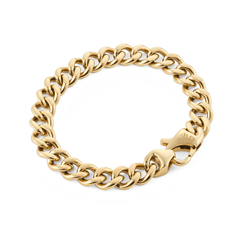 Ellipse Cuban Chain Bracelet Gold featuring chunky, polished gold links and a sturdy lobster clasp, shown in a flat lay to highlight its classic Cuban chain design.