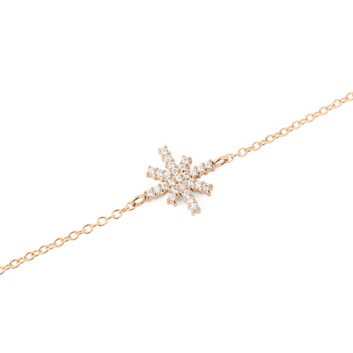 Close-up of the Mirelle Star Bracelet Rose Gold, featuring a delicate rose gold chain and a star-shaped charm set with sparkling white cubic zirconia crystals.