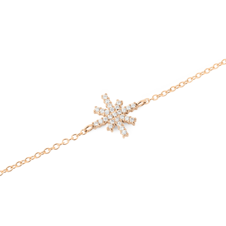 Close-up of the Mirelle Star Bracelet Rose Gold, featuring a delicate rose gold chain and a star-shaped charm set with sparkling white cubic zirconia crystals.