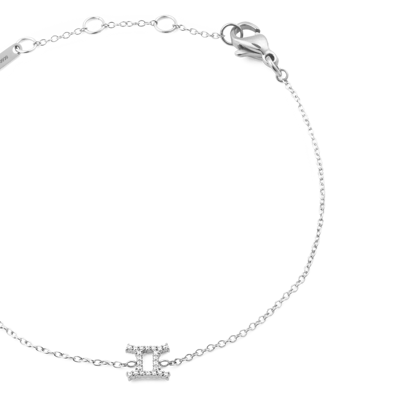 Close-up of the Crystal Zodiac Chain Bracelet Silver, featuring a fine adjustable silver chain and a Gemini zodiac charm set with sparkling crystals.