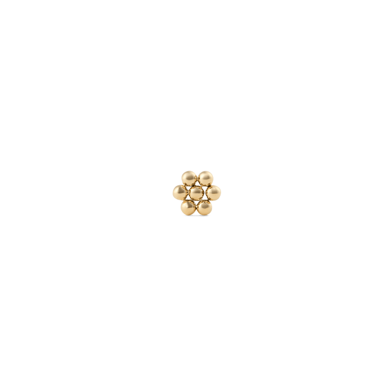 Petite gold flower stud earring with a polished finish, featuring a minimalist floral design ideal for everyday wear or stacking with other gold jewellery.