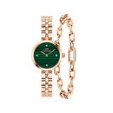 Rose gold Daniel Wellington watch with a malachite green dial and crystal hour markers, paired with a matching rose gold link bracelet featuring a pavé crystal accent and modern chain design.