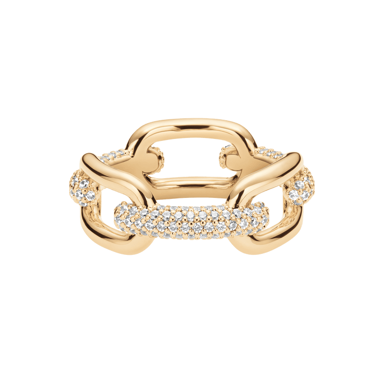 Crystal Link Ring Gold featuring chunky gold-plated links and pavé cubic zirconia crystals, designed with a modern, bold style and a polished finish.