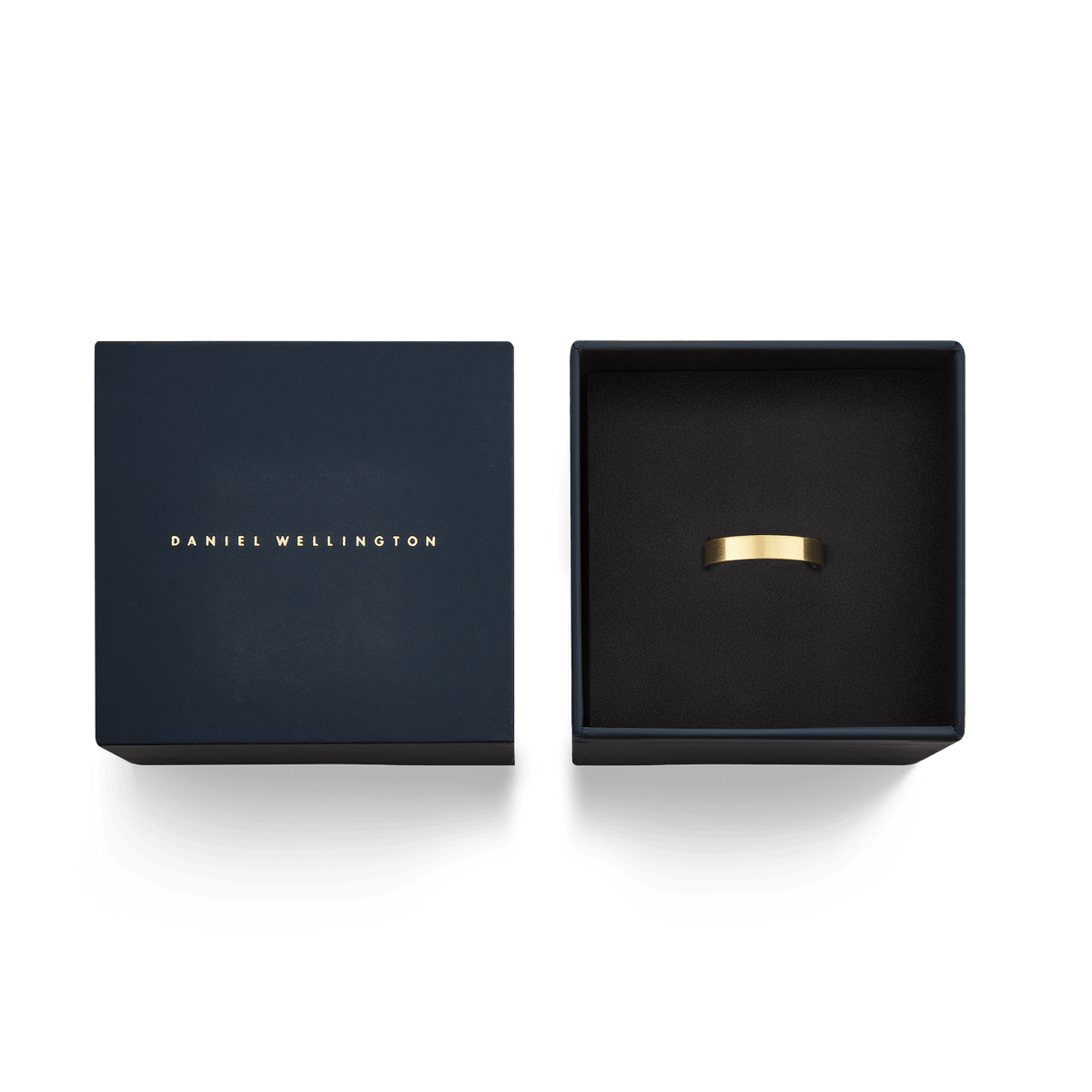 Line Ring Brushed Gold 4.5mm presented in a navy Daniel Wellington gift box, showcasing its matte gold finish and minimalist design as a stylish accessory for men and women.