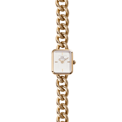 Jolie Chain Rose Gold watch with a chunky rose gold chain link bracelet, petite square case, and minimalist white dial, designed for women who prefer a jewellery-inspired accessory.