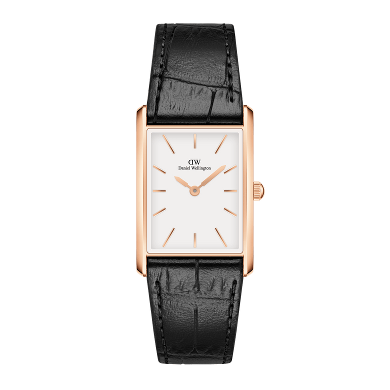 Bound Black Crocodile Rose Gold watch featuring a rectangular rose gold case, minimalist white dial, and a genuine black leather strap with crocodile embossing, designed for both men and women seeking timeless style.