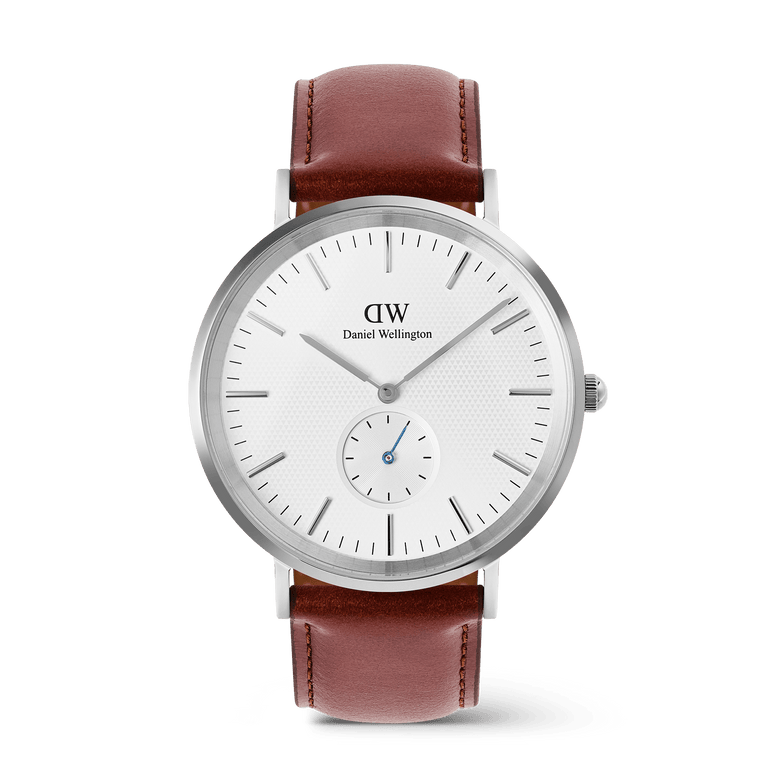 Classic Multi-Eye St Mawes Off-white Sunray Silver men's watch with a round silver case, minimalist markers, blue-tinted sub-second hand, and a stitched brown leather strap.
