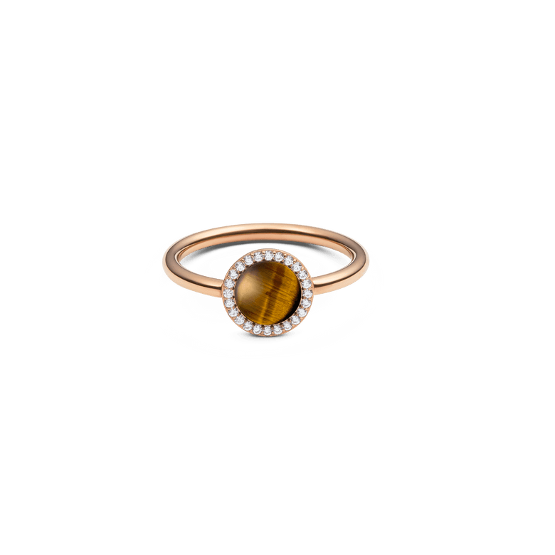 Rose gold ring with a round tiger eye stone at the centre, surrounded by a halo of white cubic zirconia crystals on a slim, polished band.