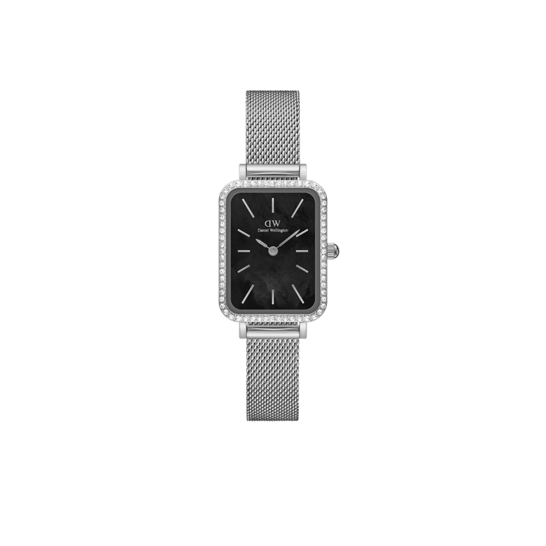 Quadro Lumine Bezel Sterling Black MOP ladies watch with a rectangular black mother of pearl dial, gemstone bezel detailing, and a slim silver mesh strap, ideal for everyday elegance.