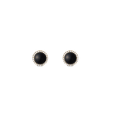 Pair of Audrey Earrings Black Agathe Gold featuring round black agate centres surrounded by a halo of white cubic zirconia crystals in a gold setting, shown against a plain background.
