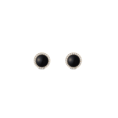 Pair of Audrey Earrings Black Agathe Gold featuring round black agate centres surrounded by a halo of white cubic zirconia crystals in a gold setting, shown against a plain background.