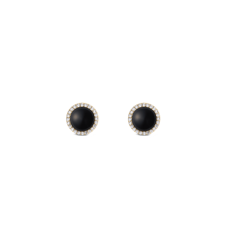 Pair of Audrey Earrings Black Agathe Gold featuring round black agate centres surrounded by a halo of white cubic zirconia crystals in a gold setting, shown against a plain background.