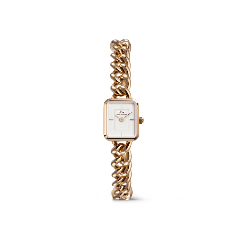 Rose gold Jolie Chain watch featuring a chunky chain link bracelet, petite square white dial, and minimalist hour markers, designed for women who appreciate elegant jewellery-inspired style.