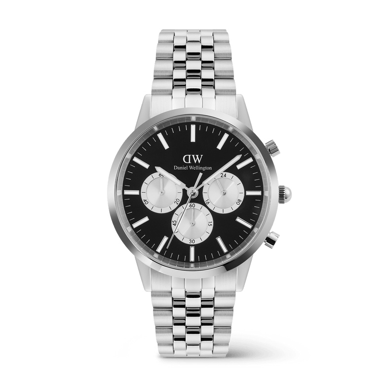Iconic Chronograph Arch 5-Link Onyx Panda Silver men's watch featuring a black dial with white sub-dials, polished and brushed stainless steel five-link bracelet, and minimalist silver finish.