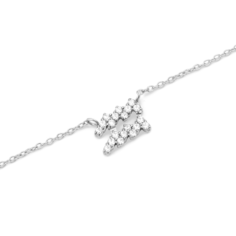 Silver chain necklace featuring an Aquarius zodiac pendant, crafted in stainless steel and adorned with hand-set sparkling crystals.