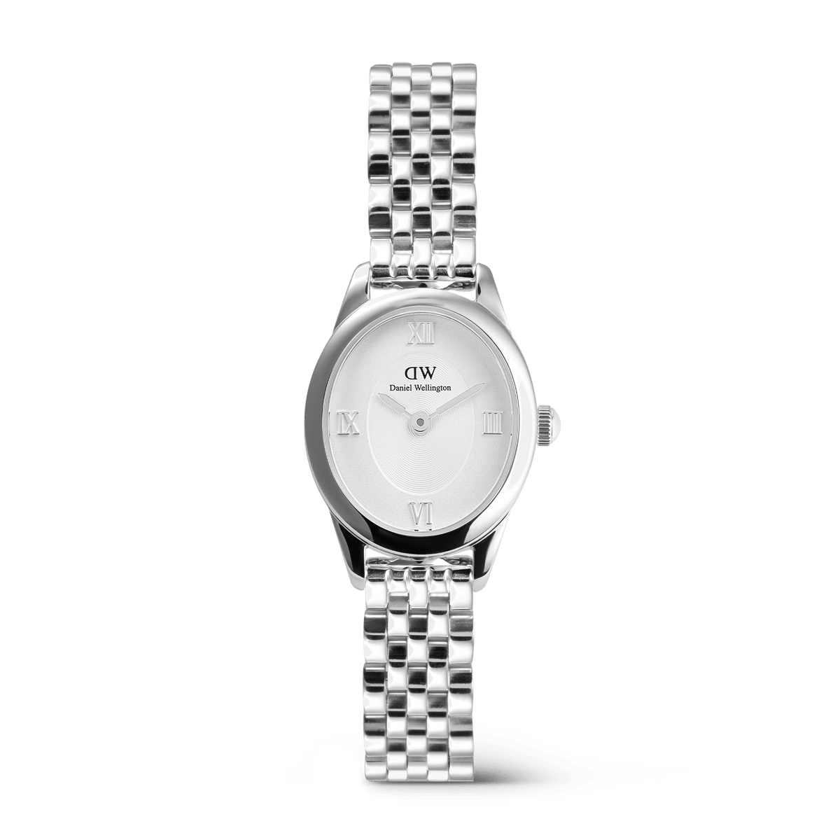 Ophelia Mini Silver watch featuring a petite oval case, polished silver 5-link bracelet, and a white sunray dial with silver Roman numerals, designed for everyday comfort and timeless style.