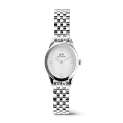 Ophelia Mini Silver watch featuring a petite oval case, polished silver 5-link bracelet, and a white sunray dial with silver Roman numerals, designed for everyday comfort and timeless style.
