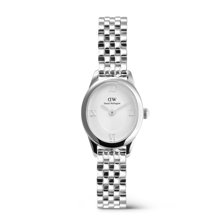 Ophelia Mini Silver watch featuring a petite oval case, polished silver 5-link bracelet, and a white sunray dial with silver Roman numerals, designed for everyday comfort and timeless style.