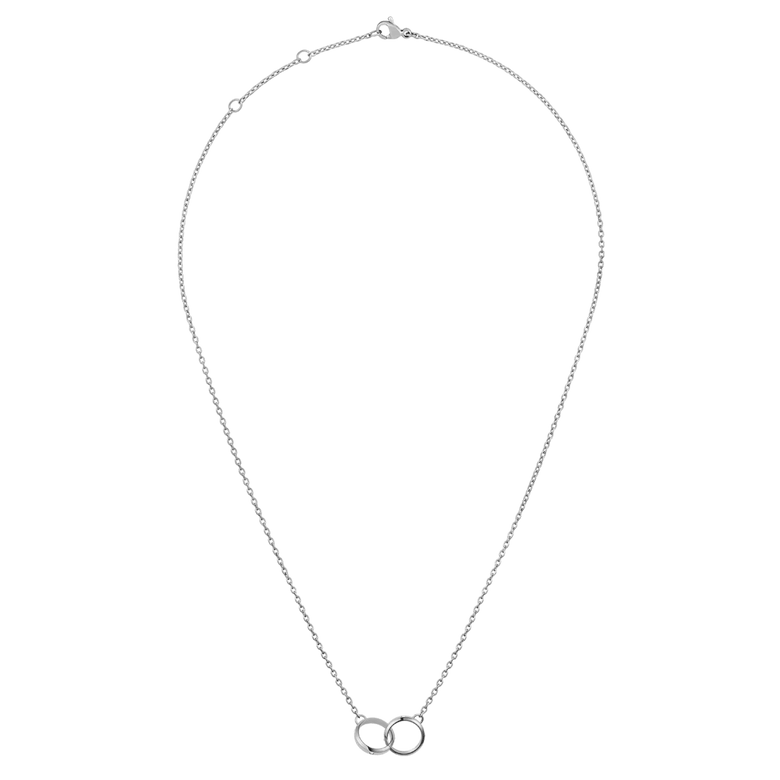 Classic Lumine Unity Silver necklace with an adjustable chain and two polished interlocking rings as a pendant, offering a contemporary and versatile accessory for women.