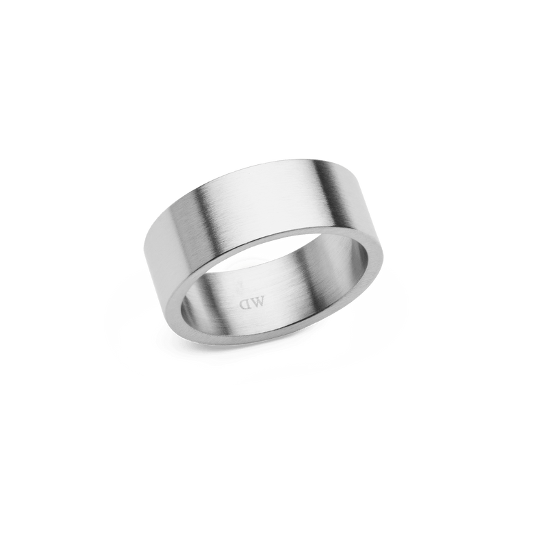 Wide brushed silver ring with a minimalist design, featuring a smooth inner curve and subtle satin finish, crafted from durable stainless steel.