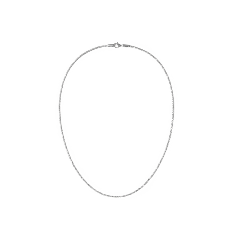 Slim silver mesh necklace with a polished finish and secure lobster clasp, featuring a minimalist design that sits neatly at the collarbone.