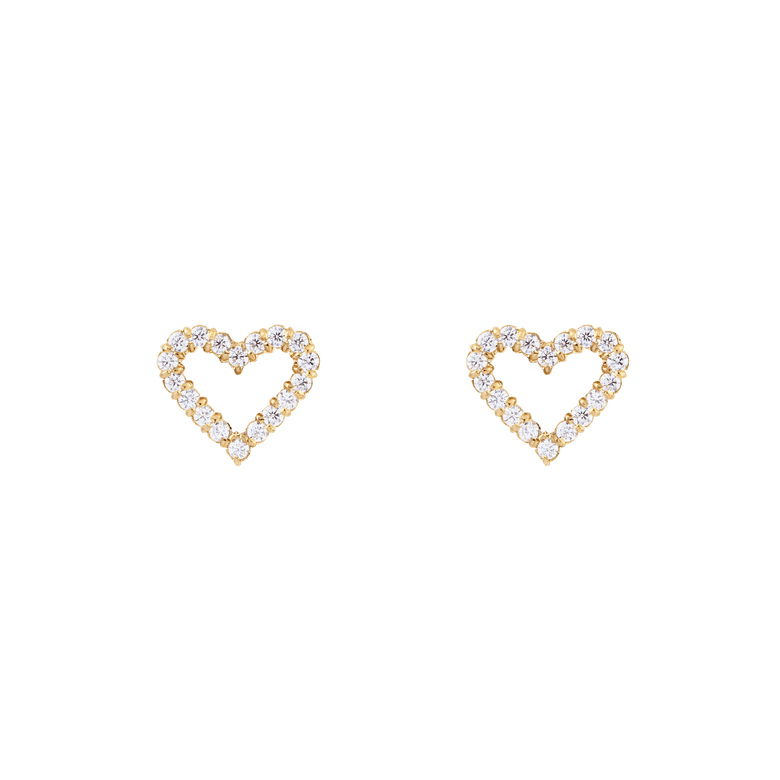 A pair of Mirelle Heart Earring Gold stud earrings featuring open heart shapes outlined with sparkling white cubic zirconia crystals and a polished gold finish.